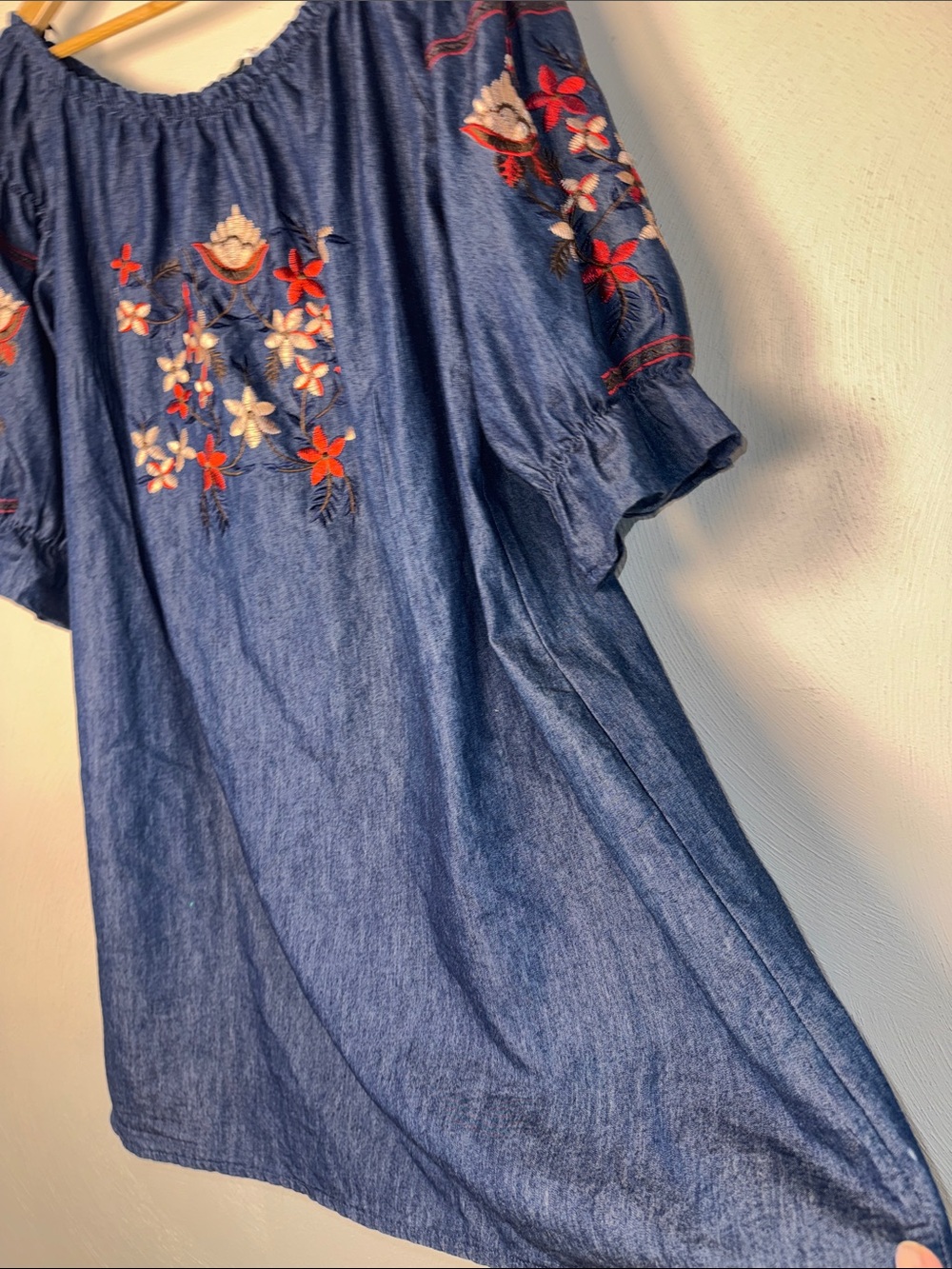 Embroidered Off-Shoulder Tunic Dress - Blue with Red & Cream Flowers - Picture 4 of 6